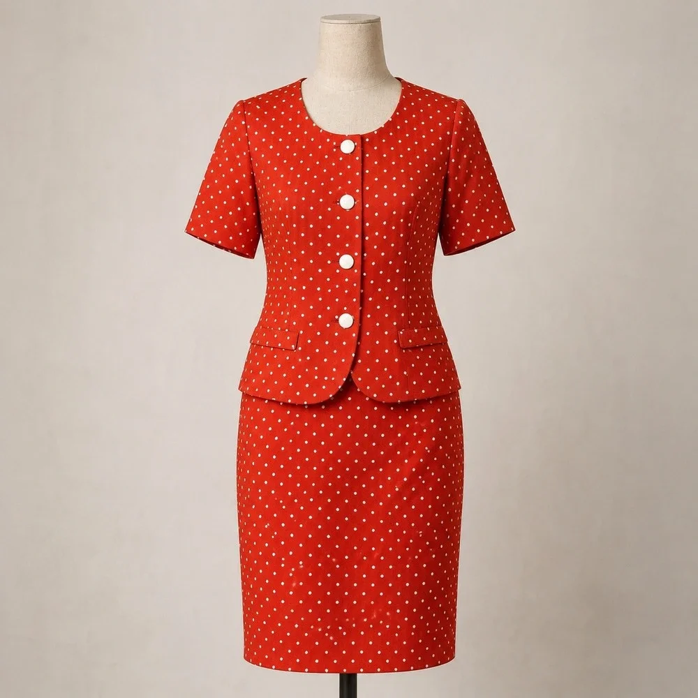 Weinberg Paris Skirt Suit Vintage Red White Polka Dot Short Sleeve Blazer Set